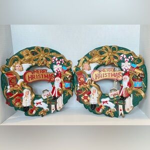 Vintage 11" 1960s Merry Christmas Hard Molded Plastic Wreath / Wall Hangers Lot